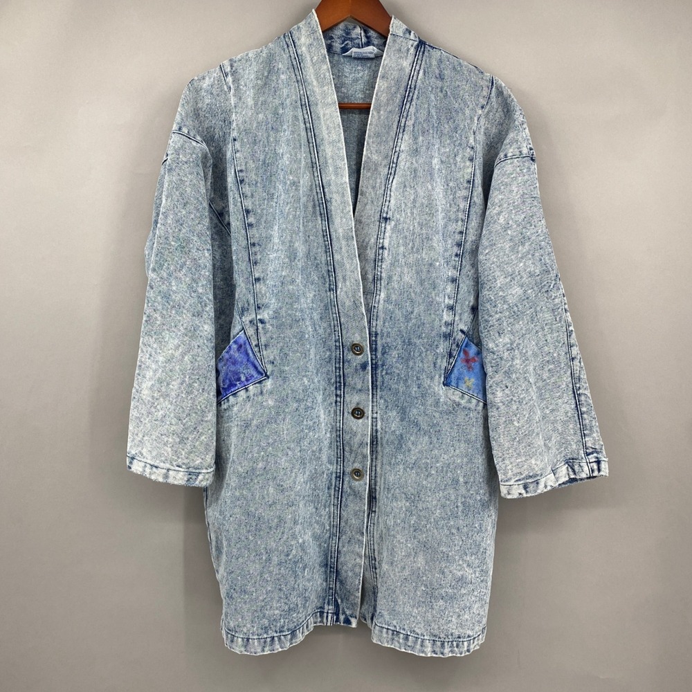 Vtg 80s New View Denim Kimono Jacket Womens Medium Acid Wash Art to Wear Paint
